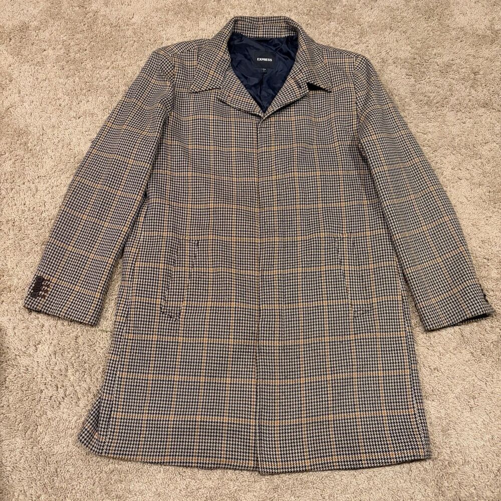 Express Brown Plaid Checks Topcoat Overcoat Mens Size XL